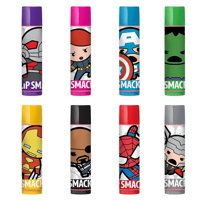 Lip Smacker Marvel Avenger Flavored Lip Balm Party Pack 8 Count, Super Hero, Spirderman, Iron Man, Captain America, Clear, For Kids-VivaGrace Women