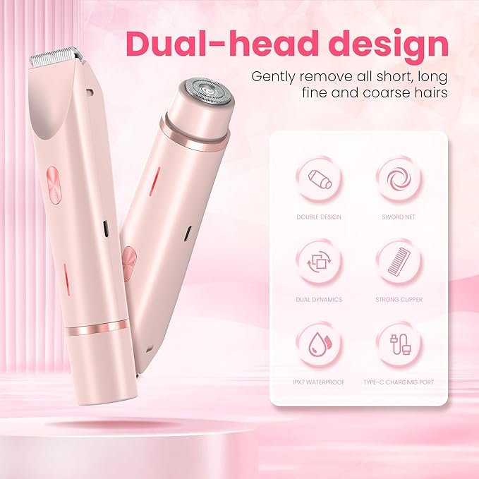 Bikini Trimmer for Women-2 in 1 Dual Head Electric Razors,USB Rechargeable Bikini Electric Shaver,IPX7 Waterproof Dry & Wet Use Body Hair Trimmer and Facial Hair Remover for Underarm Leg Body,Pink-VivaGrace Women