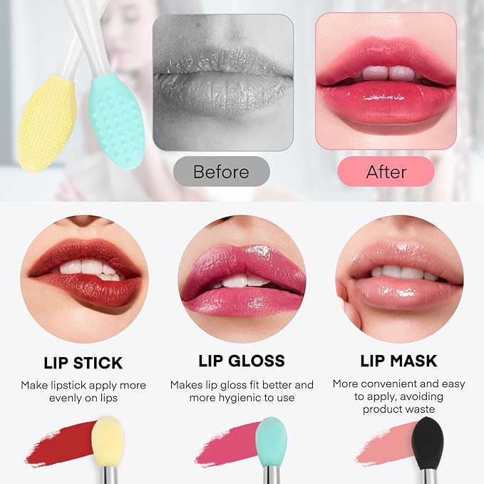 Unaone Lip Scrub Brush - 3 PCS Dual-ended Lip Scrubber Exfoliator and Silicone Lip Brush, 2-in-1 Silicone Lip Scrub Tool Lip Mask Applicator, Gentle Exfoliator & Applicator for Soft-VivaGrace Women