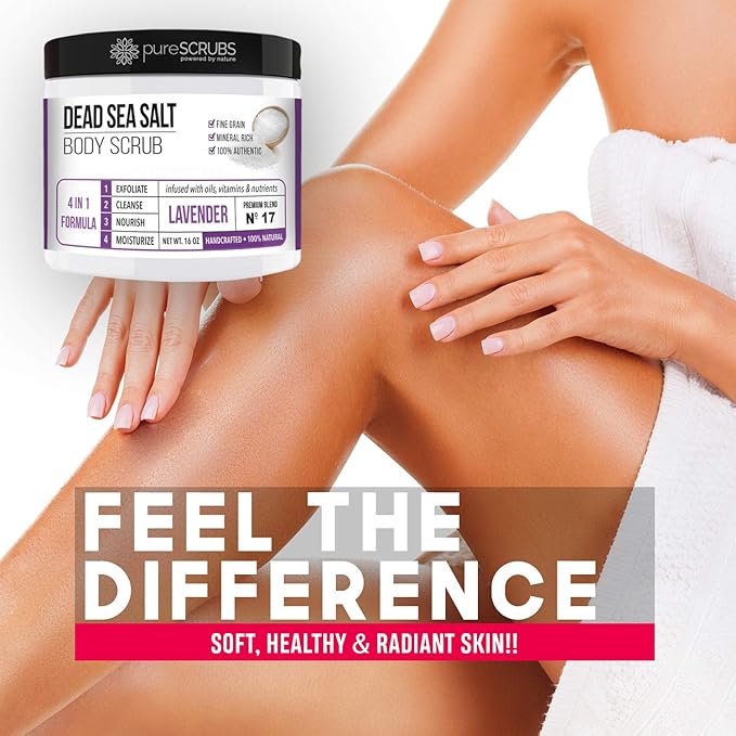 pureSCRUBS Premium Lavender Body Scrub Set - Large 16oz Dead Sea Salt Body Scrub With Infused Essential Oils & Nutrients, Includes Wooden Spoon, Loofah & Oatmeal Exfoliating Bar Soap-VivaGrace Women