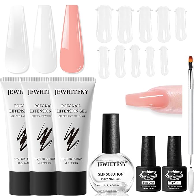JEWHITENY Poly Nail Gel Set Clear Pink White Poly Extension Gel With Base Coat Top Coat Slip Solution French Manicure Need U V Lamp Curing for Finger Art and Home DIY-VivaGrace Women
