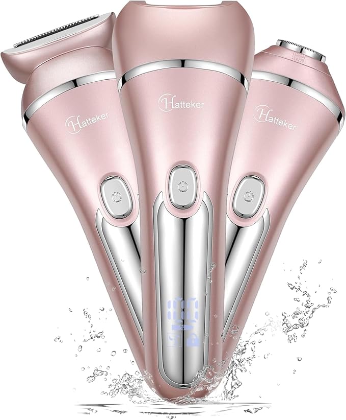 Hatteker Electric Shaver for Women Lady Epilator Electric Razors Kit Hair Remover for Face Chin Arm Leg Armpit Bikini Trimmer Painless Waterproof USB Rechargeable Dry Wet with Detachable Head 3 in 1