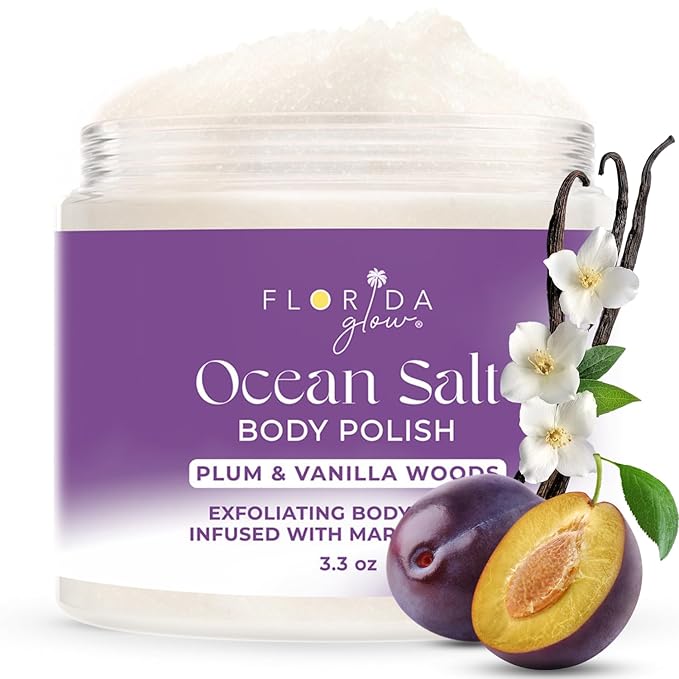 Sea Salt Body Scrub by Florida Suncare - Ocean Salt Body Polish Infused with Marine Algae - Exfoliating Face and Body Scrub -Facial Scrub Exfoliator to Tackle Acne, Scars (Plum & Vanilla Woods, 3.3oz)-VivaGrace Women
