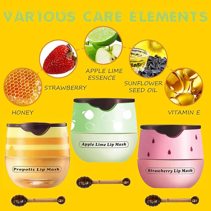 3PCS Lip Balm Honey Pot, Honey Pot Lip Balm for Dry Cracked Lips, Strawberry Lip Balm Scrubs Exfoliator & Moisturizer, Hydrating Lip Balm Honey Pot with Wand, Lip Sleeping Mask (3pcs)-VivaGrace Women