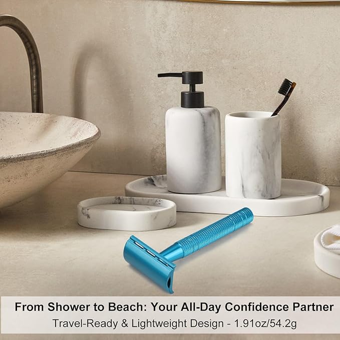 Double Edge Safety Razor, Single Blade Razors for Men and Women, with 10 Stainless Steel Safety Razor Blades, Smooth and Close Wet Shaving, Plastic Free, Blue-VivaGrace Women