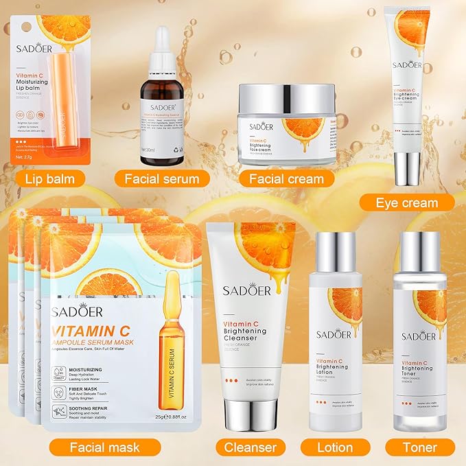 10 Pcs Skin Care Sets Face Care Set for Women Includes 1 Pcs Cleanser, Toner, Lotion, Eye Cream, Serum, Face Cream, Lip Balm and 3 Facial Masks Skincare Gift for Girls (Vitamin C)-VivaGrace Women
