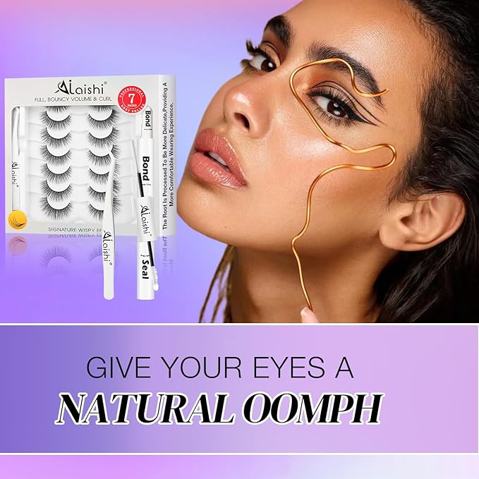 Wispy False Eyelashes Kit With Bond, Seal and Tweezer, 7 Pairs Natural Look Fake Cat Eye Lashes Strips Thin Band Extensions Waterproof Easy Eyelashes for Beginners RQ46-VivaGrace Women