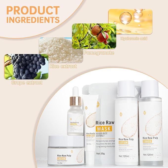 Rice Skin Care Sets For Women, 5/6Pcs Skin Care Kit, Moisturizing Skin Care Gift Set , Face Care Kit Inclusde Rice Mask, Cleanser, Toner, Lotion, Eyecream, Face Serum (5pcs Rice Raw Pulp)-VivaGrace Women