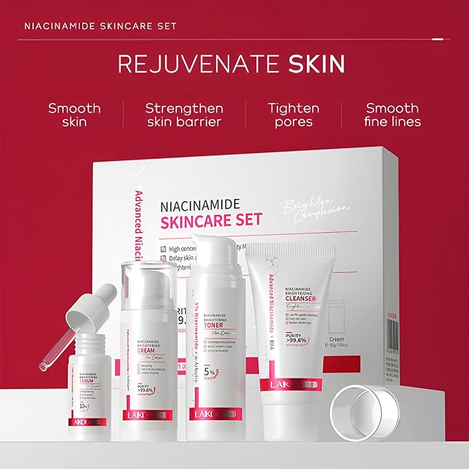 Niacinamide Skincare Set: 4pcs Beauty Kit with Cleanser, Toner, Serum, & Facial Cream - Hydrates & Evens Skin Tone - TSA-Friendly Travel Sizes, Perfect Gift for Women, Moms, & Teens-VivaGrace Women