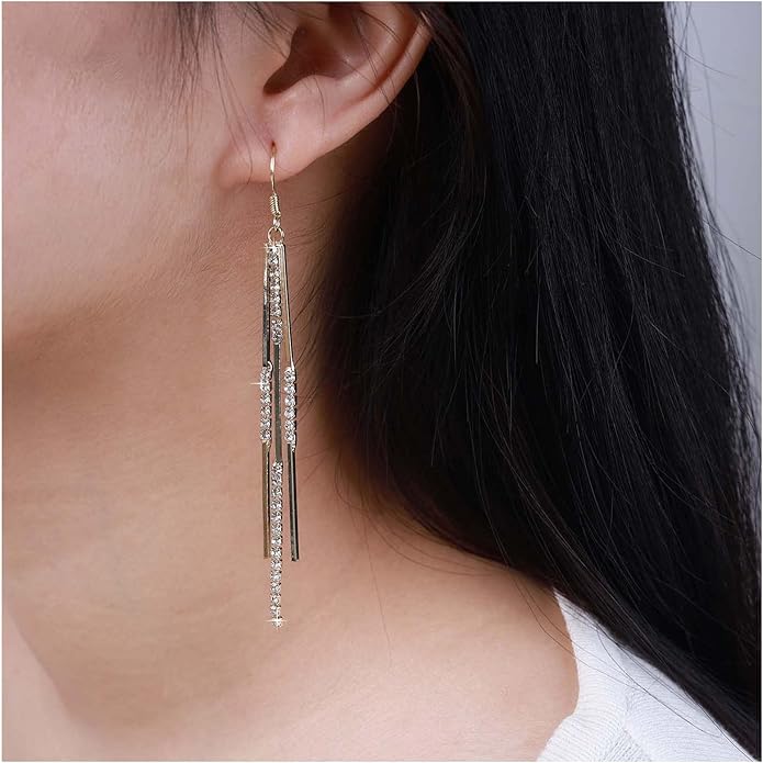Vintage Crystal Tassel Earrings Rhinestone Bar Drop Earrings Long Rhinestone Chain Earrings Gold Cz Bar Hook Earrings Sparkle Tennis Chain Earrings Jewelry for Women-VivaGrace Women