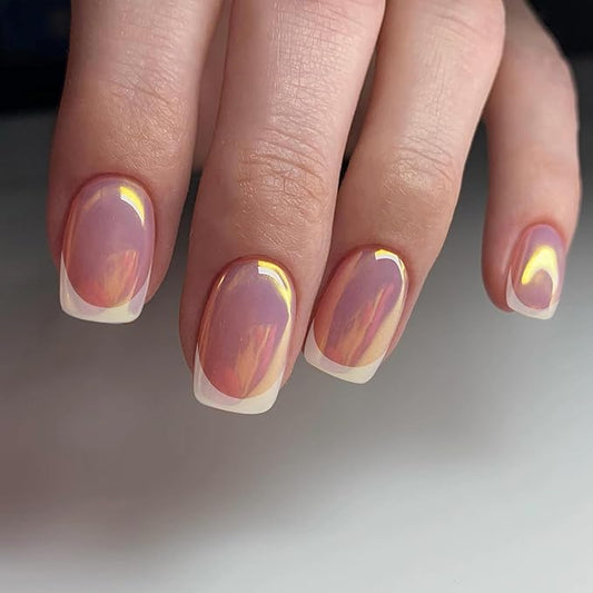 Press on Nails Square - Iridescent Chrome French Fake Nails Short Acrylic Full Cover Glue on Nails in 12 Sizes - 24 Piece Nail Kit，Natural Fit for Women & Girls Daily Wear