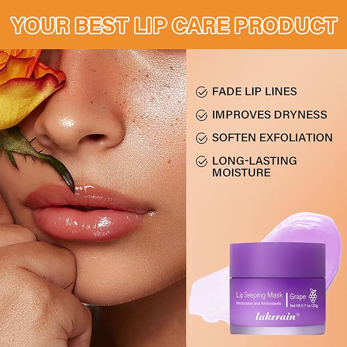 Lip Mask Sleeping,Nourish Hydrate Lip Mask,Lip Oil,Lip Balm, Lip Skin Care,Hydrating, Moisturizing Lip Lines Night Sleep Anti-chapped Lip Cream (Grape)-VivaGrace Women