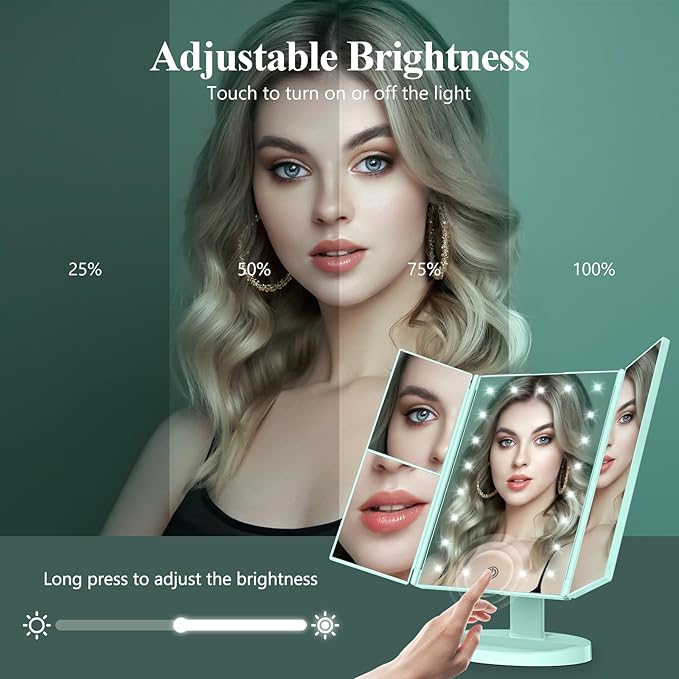 HUONUL Makeup Mirror Vanity with Lights, 2X 3X 10X Magnification, Lighted Mirror, Touch Control, Trifold Dual Power Supply, Portable LED Women Gift (Green)-VivaGrace Women