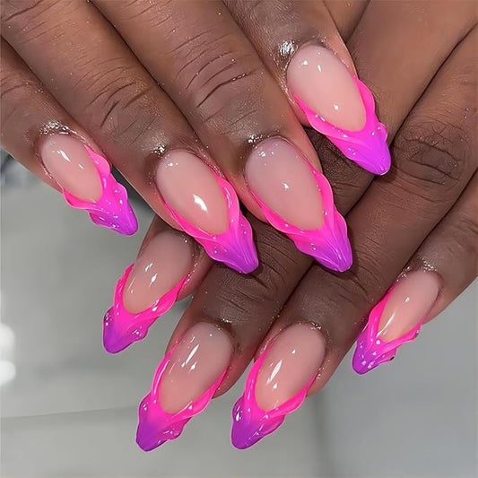 French Tip Press on Nails Almond Nails Press Ons Medium Glue on Nails Purple Nails with 3D Designs Cute Fake Nails 24PCS(Pink & Purple)