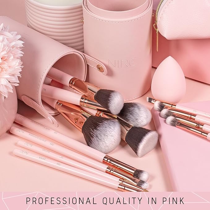 Niré Beauty 15piece Award Winning Pink Makeup Brushes: Pink Makeup Brush Set with Case, Makeup Sponge, Brush Cleaner, Guide, Gift Box-VivaGrace Women