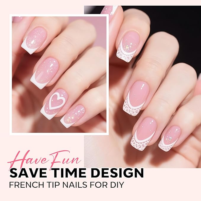 modelones French Tip Press on Nails, Short Square Fake Nails with Nail Box, Pink & White Gel Nail Tips for Women, Soft Glue-On Nails for Natural Salon Look, DIY Nail Art Kit-VivaGrace Women
