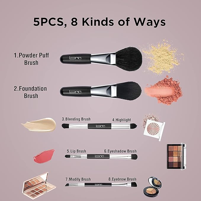 Travel Makeup Brushes Set w/Pouch, 5PCS Double Ended Portable Mini Cosmetic Brushes Kit for Foundation, Eyeshadow, Lip, Blush Make Up Brushes Professional(Black)-VivaGrace Women