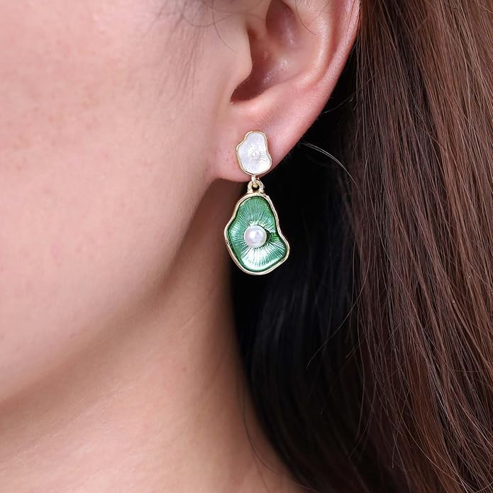 Vintage Lotus leaf Pearl Drop Earrings Green Lotus Leaf Earrings Green Enamel Flower Earrings Gold Irregular Pearl Earrings Jewelry for Women-VivaGrace Women