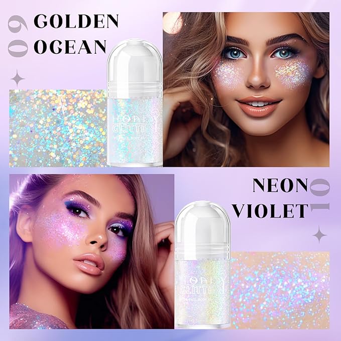 2 Colors Roll-on Body Glitter Gel, Holographic Glitter Gel Under Light for Face Hair, Body Shimmer for Rave Accessories Christmas New Year Halloween Makeup (9+10)-VivaGrace Women