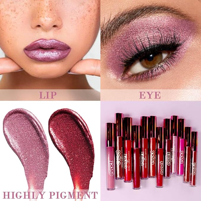 evpct 2Pcs Mauve & Dark Red Matte to Glitter Liquid Lipstick Set Kit for Women Long Lasting Glossy Metallic Shimmer Sparkle Lipstick Lip Gloss 01+04-VivaGrace Women
