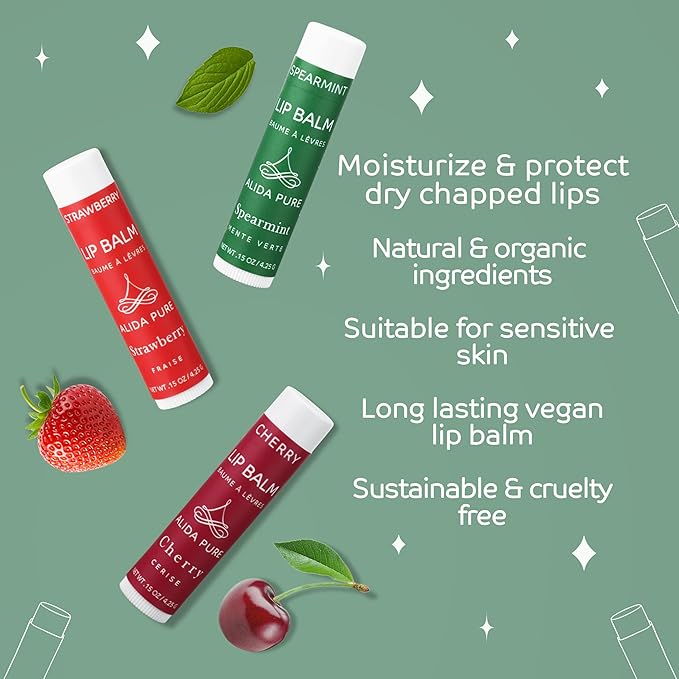 Berry Mint Lip Balm Collection, Vegan Set, Bees Wax Free, Coconut Oil Free, with Organic Jojoba and Avocado Oil, Vitamin E, Natural Moisturizer For Dry Cracked Lips, 3 Tube Set-VivaGrace Women