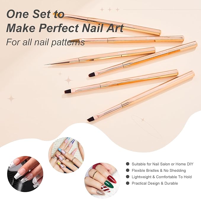 6Pcs Nail Art Brush Set - Nail Design Tool Including Nail Liner Brush, Ombre Brush, Nail Gel Polish Painting Brush Drawing Pen for Home Use and Professional Nail Salon-VivaGrace Women