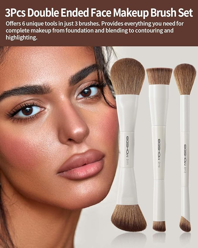 EIGSHOW Makeup Brush Set, 3Pcs Double Ended Face Makeup Brushes for Foundation Powder Contour Highlight Concealer Nose Shadow, Travel Gift Set (Beige)-VivaGrace Women