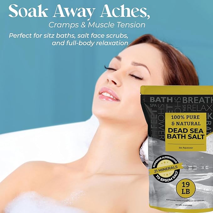 Aromasong Dead Sea Salt - Spa Bath Salt - 19 Lbs Fine Grain Bulk - 100% Pure - Better Absorbing Than Epsom Salt - Soak for Women & Men for Skin Issues and to Relax Tired Muscles - Resealable Pack.-VivaGrace Women