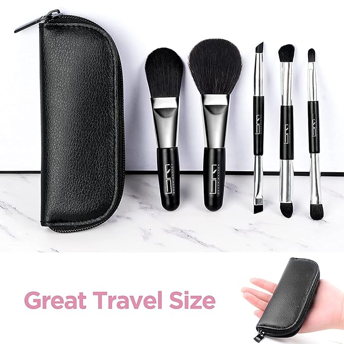 Travel Makeup Brushes Set w/Pouch, 5PCS Double Ended Portable Mini Cosmetic Brushes Kit for Foundation, Eyeshadow, Lip, Blush Make Up Brushes Professional(Black)-VivaGrace Women