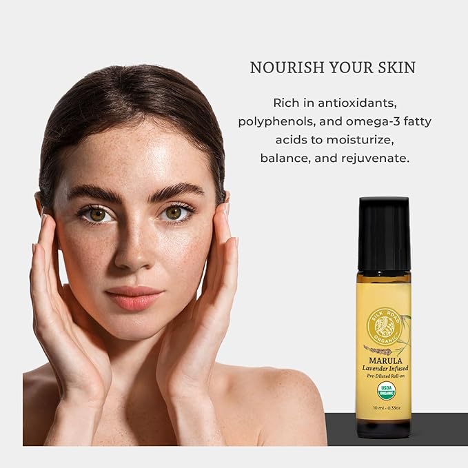Silk Road Organic Marula Seed & Lavender Essential Oil, 100% Pure USDA Certified Aromatherapy, Deep Hydration for Face, Body, Lips, Hair, Nails - 10 ml Roller by Silk Road Organic-VivaGrace Women