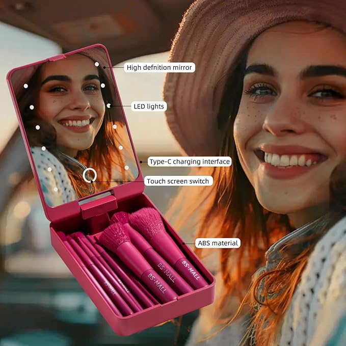 BS-MALL Travel Makeup Brush Set Foundation Powder Concealers Eye Shadows Makeup Set with LED light Mirror 14 Pcs (HotPink)-VivaGrace Women