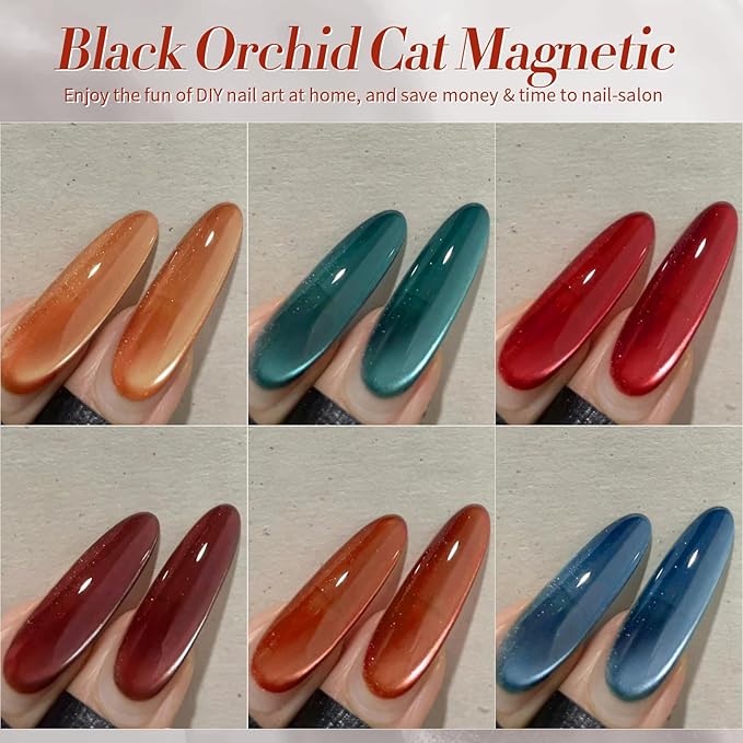 BORN PRETTY Magnetic Gel Nail Polish Water Light Cat Magnetic Eye Gel Black Orchid Jelly Glass Crystal Magnetic Gel Polish Glitter Shimmer Auroras Magnetic Gel Nail Art Manicure Kit 6PCS-VivaGrace Women