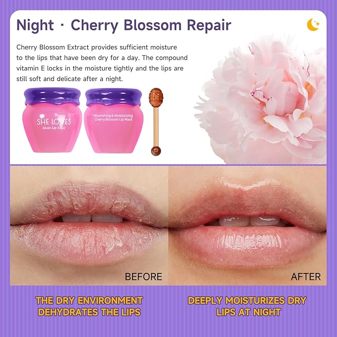 Lip Mask Overnight Lip Sleeping Masks Honey Lip Balm, Fade Lip Lines Bee Lip Balm Honey & Sakura Day and Night Repair Lip Sleeping Masks Honey Lip Balm (Sakura (Night))-VivaGrace Women