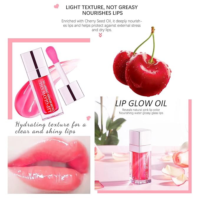 2 Set Lip Oil Hydrating Tinted Lip Balm, Plump Lip Gloss Lip Care Transparent Toot Lip Oil Tinted, Fresh Texture & Non-sticky, Nourishing Repairing Lightening Lip Lines Lip Care Products (Pink / Cherry)-VivaGrace Women