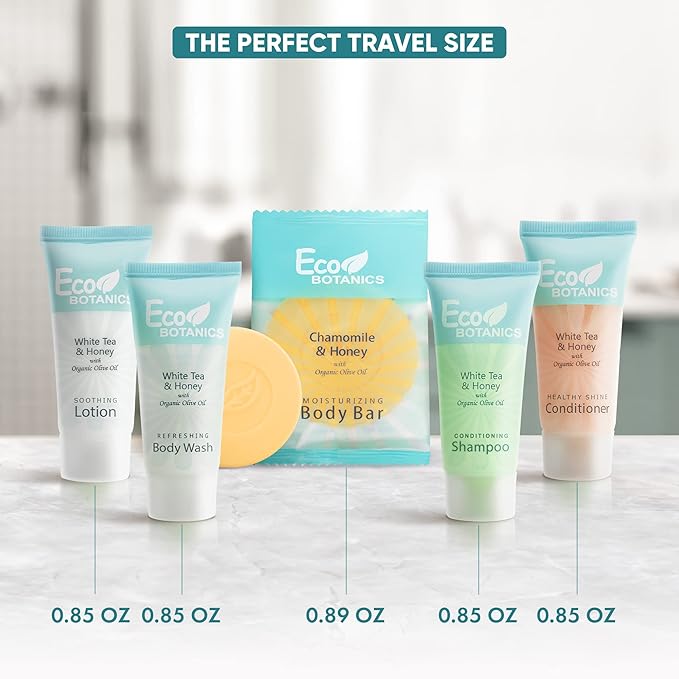 Eco Botanics Hotel Soaps & Toiletries Bulk Set | 0.85oz Hotel Shampoo & Conditioner, Body Wash, Body Lotion & Bar Soap Travel Size | 300 Pieces-VivaGrace Women