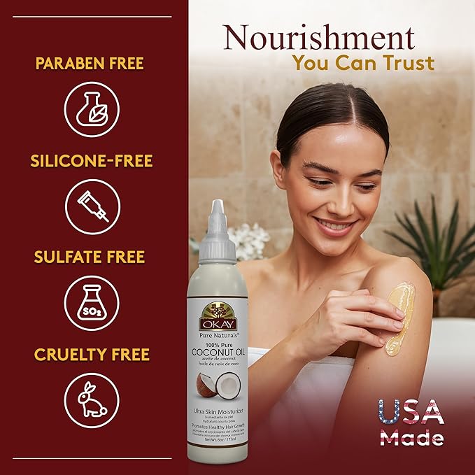 Okay 100% Pure Coconut Oil for Hair & Skin - Coconut Oil for Women & Men, Perfect for Body & Face, for Massage & Moisturizer, Natural - 6 Fl Oz Squeeze Bottle (Pack of 1)-VivaGrace Women