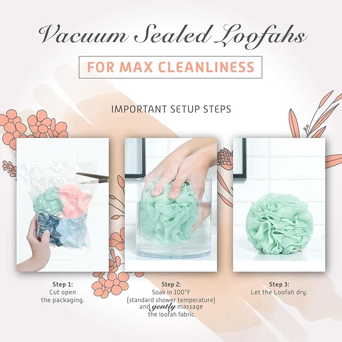 Spongentle Premium Deep Cleansing Loofah Sponge for Radiant Skin, Pack of 4, Bath and Shower, Exfoliating Body Scrubber, Beautiful Colors for Women and Men-VivaGrace Women