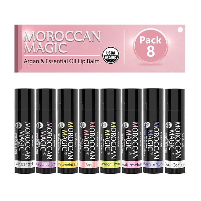 Moroccan Magic Organic Lip Balm Variety Pack Gift Set | Natural Argan and Essential Oils | Smooth | Non-Toxic Cruelty Free | 8 Pack-VivaGrace Women