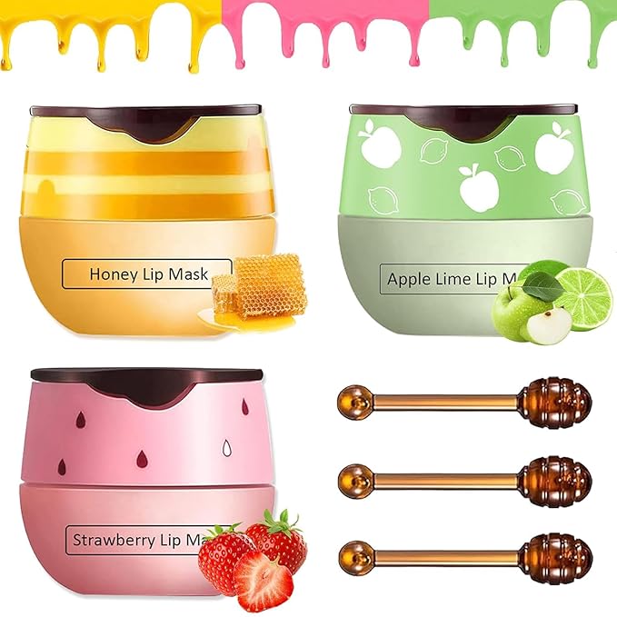 3 PCS Bee Lip Balm Honey Pot, Honey & Strawberry & Apple Lime Lip Balm, Lip Sleeping Mask Hydrating Prevention Dry and Cracked Lip Scrubs Exfoliator Lip Care, Moisturizing Lip Mask Overnight-VivaGrace Women