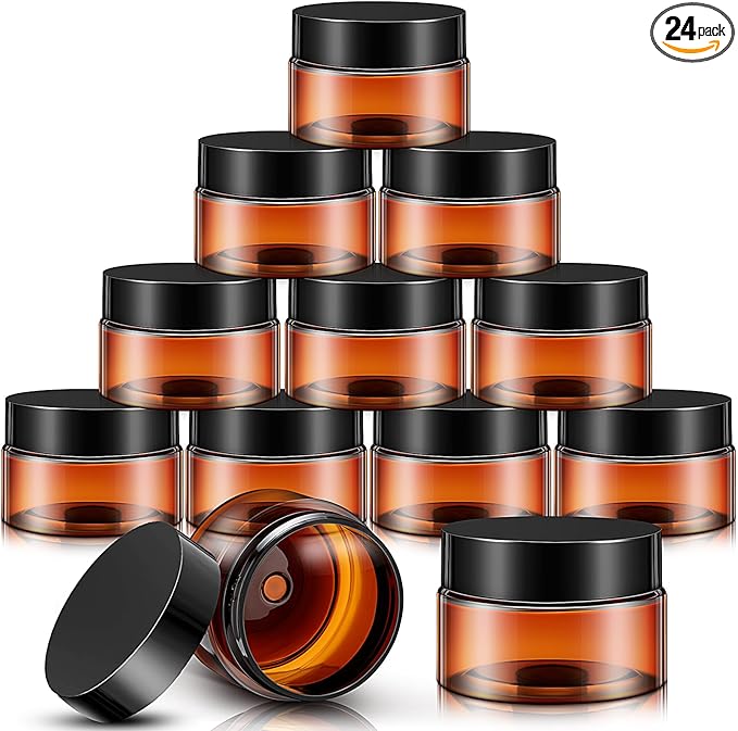 SATINIOR 24 Pieces Empty Clear Plastic Jars with Lids Round Storage Containers Wide Mouth for Beauty Product Cosmetic Cream Lotion Liquid Butter Craft and Food(Amber Lid,6 oz)-VivaGrace Women