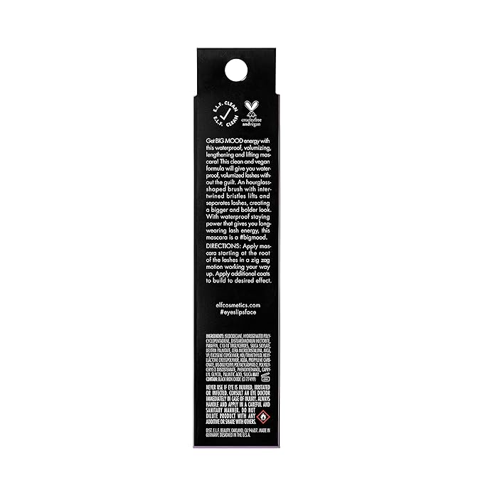 e.l.f. Big Mood Waterproof Mascara, Instantly Creates Long-Lasting, Bold & Lifted, Voluminous Lashes, Infused with Jojoba Wax, Black, 0.30 fl Oz