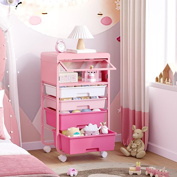 Utility-Rolling-Storage-Drawer-Craft-Cart-Organizers with 4 Drawers & Dust-Proof Door for Kid Craft Art Room,Bedroom,Home Office, Classroom, Rose Pink-VivaGrace Women