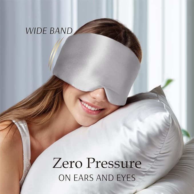 Zenssia 100% Mulberry Silk Sleep Mask Eye Mask for Man and Woman with Adjustable Headband, Full Size Large Sleep Mask & Blindfold for Total Blackout for All Night Sleep, Travel & Nap-Silvergrey-VivaGrace Women