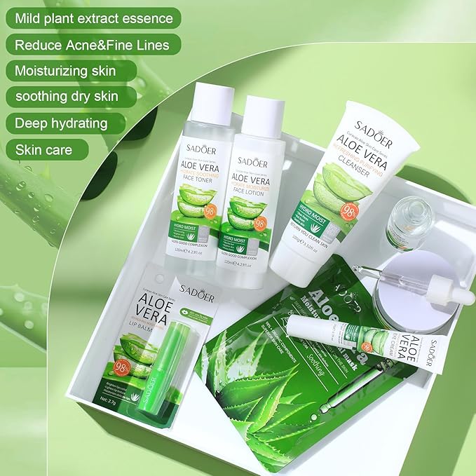 10 Pcs Skin Care Sets Face Care Set for Women Includes 1 Pcs Cleanser, Toner, Lotion, Eye Cream, Serum, Face Cream, Lip Balm and 3 Facial Masks Skincare Gift for Girls (Aloe Vera)-VivaGrace Women