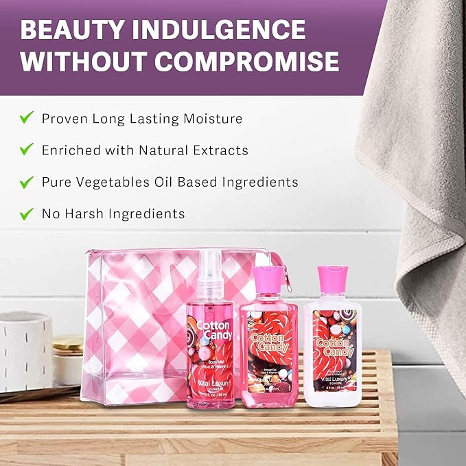 Bath & Body Care Travel Set - Home Spa Set with Body Lotion, Shower Gel and Fragrance Mist, Valentines Day Gifts for Her and Him(Cotton Candy)-VivaGrace Women
