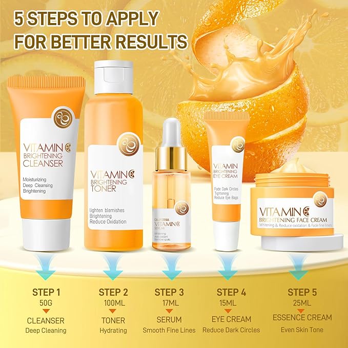 Skin Care Set, Vitamin C Skin Care Sets & Kits, Skin Care for Teenage Girls Gift Set with Cleanser, Toner, Serum, Eye Cream, Facial Cream, Facial Skin Care Sets & Kits for Teenage Girls Women-VivaGrace Women