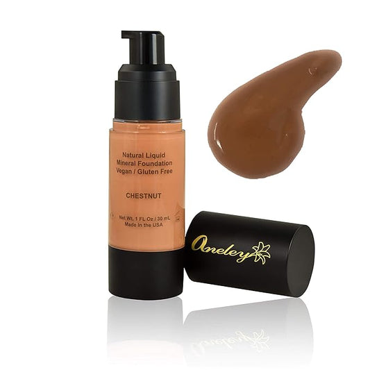 liquid mineral foundation organic natural vegan cruelty free chemical free full coverage aloe base highly pigmented lightweight formula acts as a moisturizer, sunblock and skin care (Chestnut)-VivaGrace Women