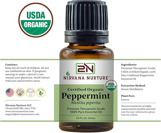 Peppermint Essential Oil USDA Certified Organic 100% Pure Premium Therapeutic Grade, Undiluted - Aromatherapy Diffuser for Calm and Relaxation, Skin Care, Hair Care-VivaGrace Women