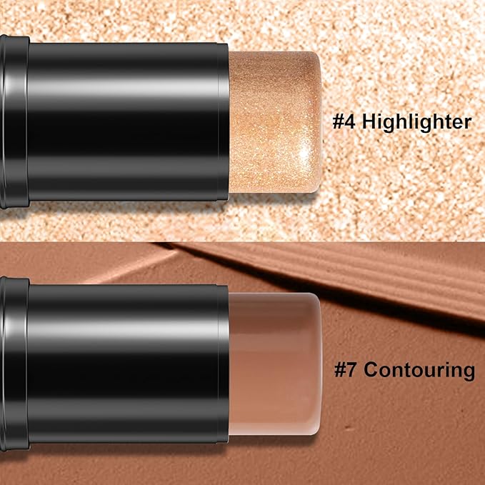2Pcs Cream Contour Stick Makeup Kit, Cream Highlighter Stick and Bronzer Contour Stick with Longwear Waterproof Formula for Brightening and Trimming the Cheeks, Makeup Brush Include (#04, 07)-VivaGrace Women