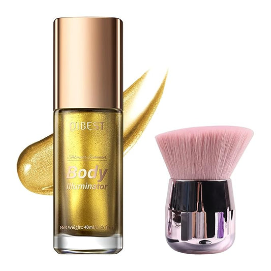 40ml Body Shimmer Oil,Face and Body Liquid Luminizer,Smooth Body Shimmer Oil For Sunshine Bath, Waterproof Moisturizing Light Shimmer Glow Illuminator,Liquid Highlighter Makeup,Makeup Brush Include (5#-Gold)-VivaGrace Women